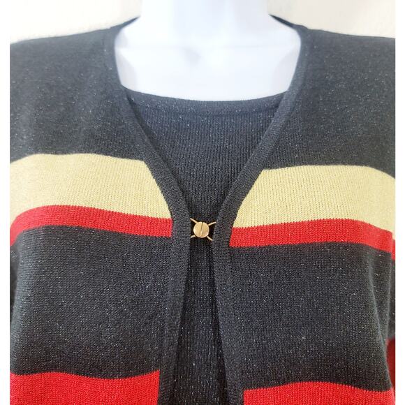 SAG Harbor Black Red Gold Sparkly 2 In 1 Sweater Top Medium Snap Closure Soft - Picture 2 of 7